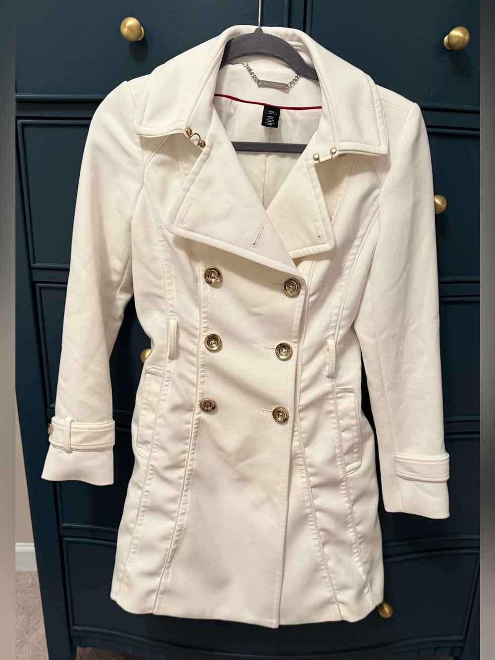 White House Black Market Cream Double-Breasted Trench Coat with Gold Buttons XXS
